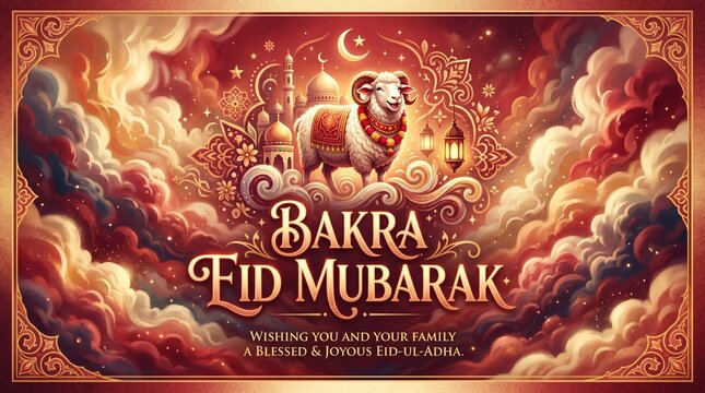 Bakra eid mubarak greeting card with festive illustration of a sheep and mosque