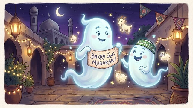 Cute cartoon ghosts celebrating bakra eid with goats and sheep in a festive courtyard at night