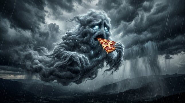 A sad, weeping storm cloud creature floating in a dark, rainy sky and eating a slice of pepperoni pizza