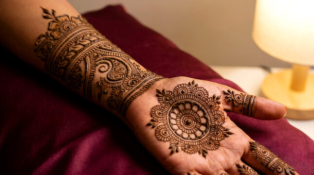 Intricately designed henna tattoo on a persons hand and arm with floral patterns