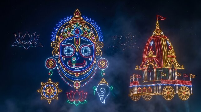 Drone Light Show Illuminating Lord Jagannath Rath Yatra Festival in Puri Night Sky