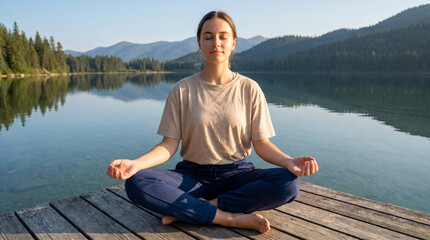 Fototapeta premium Woman meditating on a wooden pier by a calm mountain lake