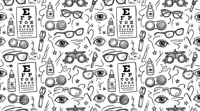 Hand drawn seamless pattern of optometry and eye care symbols including eyeglasses, eye charts, and contact lenses