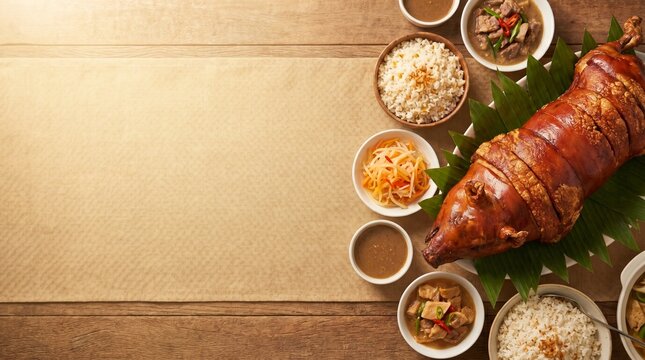 Lechon Baboy: Roasted Pig Dish with Rice and Sauces.