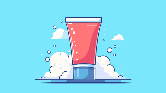 Cartoon pink foam soap in a squeeze tube surrounded by bubbles on light blue background