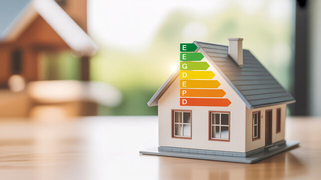 Miniature house model energy efficiency rating scale with green to red color gradient