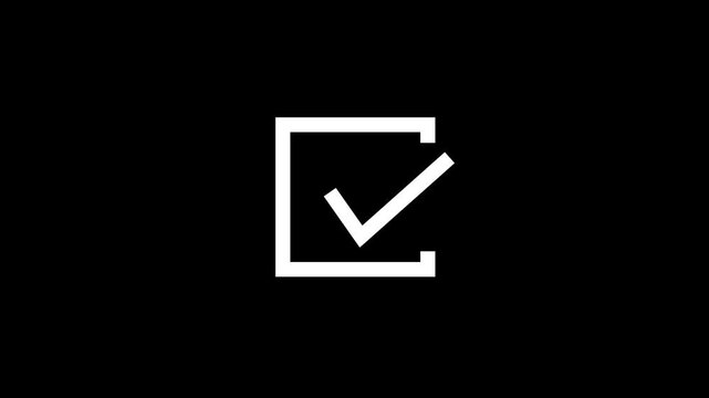 A checkmark icon within a square and circle frame, representing approval, confirmation, completed work, validation, quality assurance, and success. 2D animation 4K resolution with alpha channel