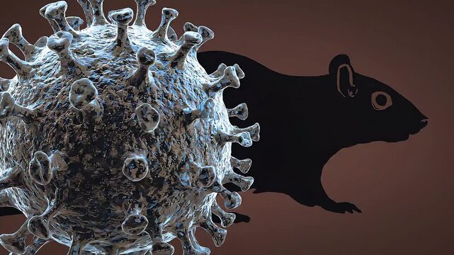 A highly detailed 3D illustration depicts a virus particle with spikes approaching a silhouette of a mouse, symbolizing infection or scientific research