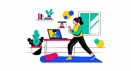 Fototapeta premium Remote employee participating in a virtual group exercise fitness class at home.