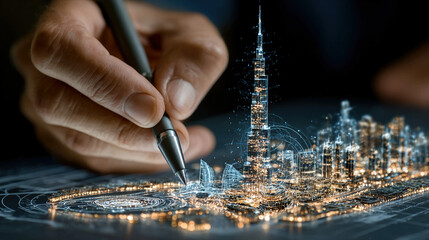 Obraz premium Architectural hologram design of skyscraper cityscape visualization architect sketching blueprints futuristic urban planning digital design professional architectural presentation AI-generated image