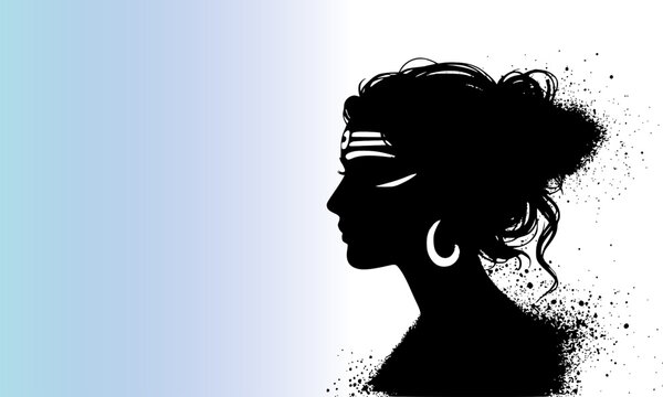 Elegant Indian goddess silhouette with tilak and earrings on blue background, traditional Hindu woman profile portrait with ink splash effect, spiritual devotional vector artwork