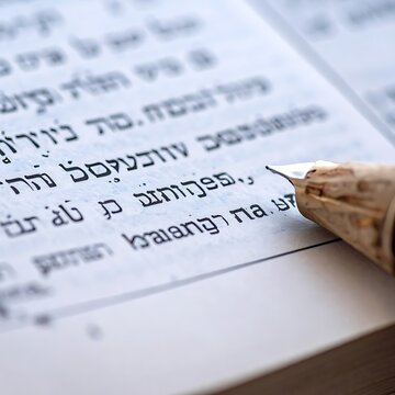 Close-up of pencil on Hebrew manuscript.