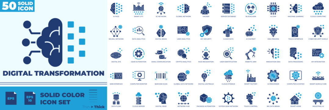 Digital Transformation Solid Color Editable Icons set