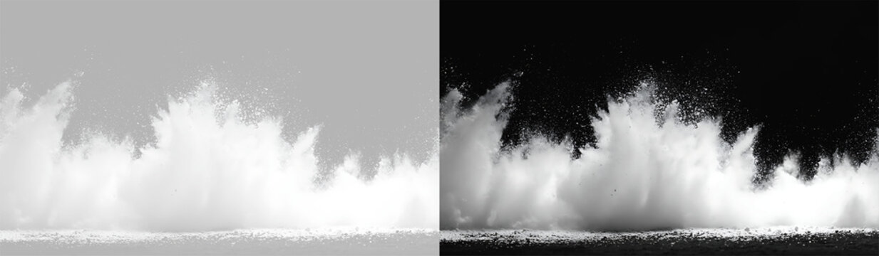 Realistic ground explosion wall set, atmospheric flying earth particles and cinematic dust blast on contrast backgrounds