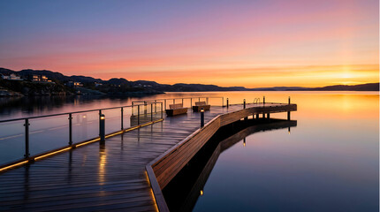 Fototapeta premium Vibrant Sunset Over Serene Lake with Illuminated Modern Pier