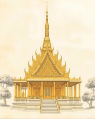 Obraz premium Beautiful architectural illustration of a sacred khmer temple with golden ornaments