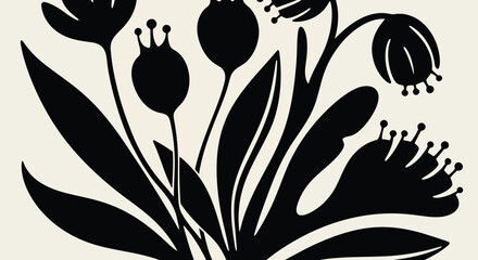 Black silhouette of flowers and leaves on gray background © EmayetHossen