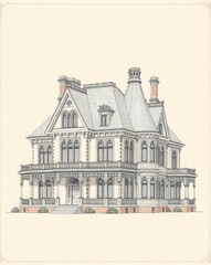 Obraz premium Elaborate Victorian Gothic mansion drawing with bay windows and ironwork roof cresting
