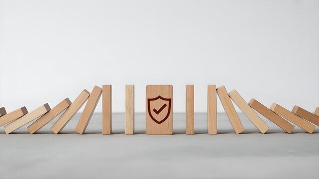 A single wooden block with a shield and checkmark stands resilient amidst a falling domino effect