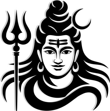  Lord Shiva detailed black and white face illustration with trishul, third eye, crescent moon and flowing hair, sacred Hindu god Mahadev bold vector portrait for print and design
