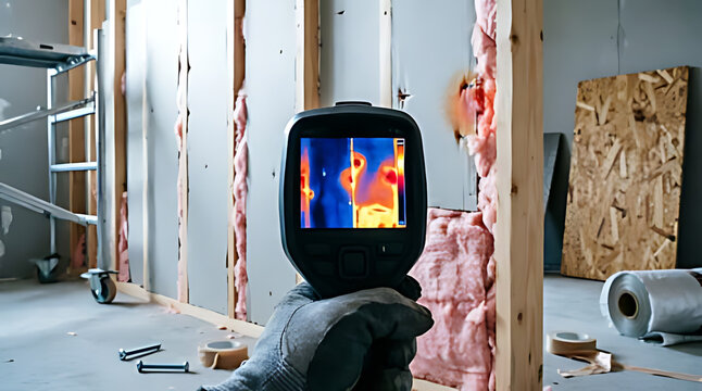 Man with thermal imaging camera on head in construction site