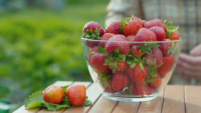 Woman setting down fresh bowl of red strawberries on wooden table outdoor on sunny day ready for consumption.