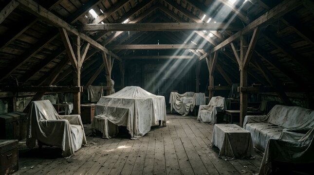 Abandoned attic with furniture covered in white sheets vintage helloween decor