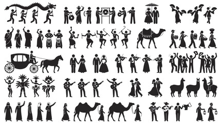 Obraz premium Wedding Procession Around World Silhouettes Sets Packs, Editable Vector Stroke Illustrations. containing silhouette, culture, tradition, wedding, music, dance, animal and more Weddings silhouettes