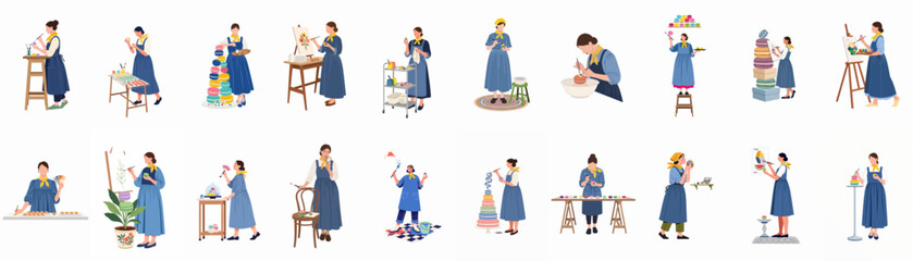 Fototapeta premium Collection of Flat Vector Illustrations Featuring Female Artists and Pastry Chefs Decorating Macarons and Painting in a Creative Studio Environment