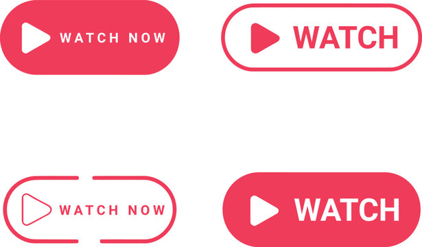 Collection of four red watch now buttons with play for streaming and web interfaces