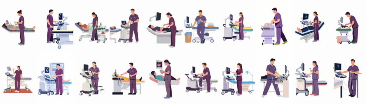 Collection of vector illustrations depicting medical professionals performing various diagnostic ultrasound examinations on patients using modern sonography equipment.