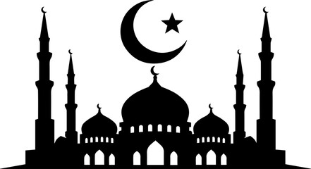 Black silhouette of a mosque with crescent moon and star Vector © Thanni