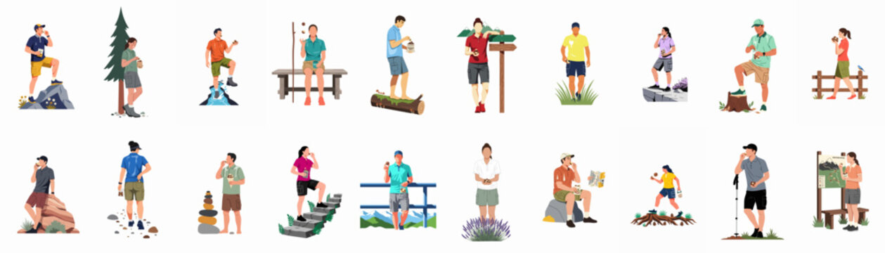 Collection of diverse hikers and outdoor enthusiasts enjoying macadamia nut snacks while exploring various scenic natural landscapes and trails.