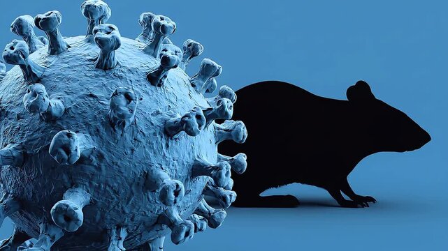 A large, detailed 3D rendering of a virus with spike proteins on its surface, cast in blue tones, contrasted with a black silhouette of a mouse on a blue background