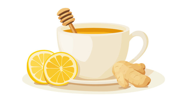 Illustration of a cup of honey tea with lemon slices and ginger on a white background