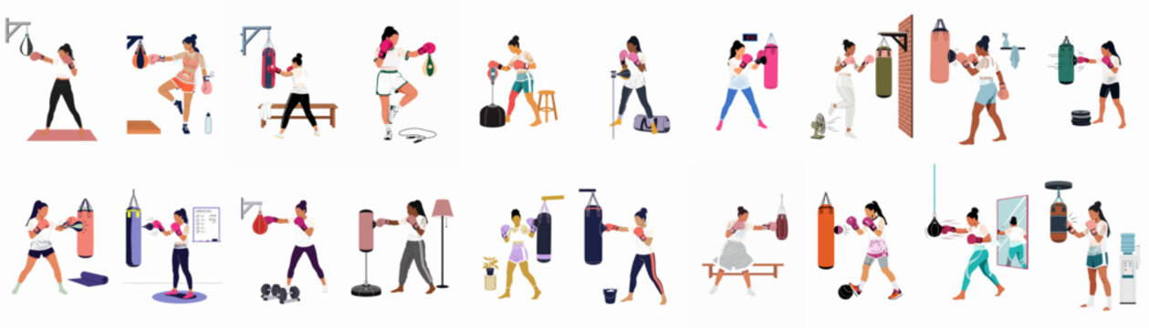 Diverse set of vector illustrations depicting young women practicing boxing and kickboxing in a gym setting with various equipment like heavy bags and gloves.