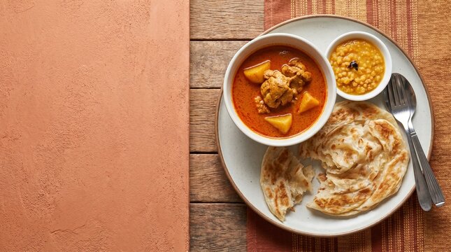 Overhead shot of chicken curry with roti and dhal on plate.