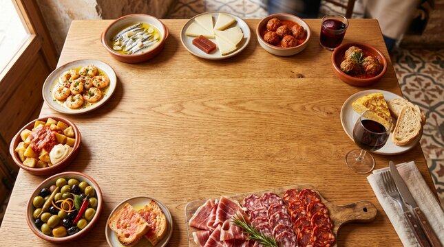 Overhead view of tapas dishes arranged on wooden table.