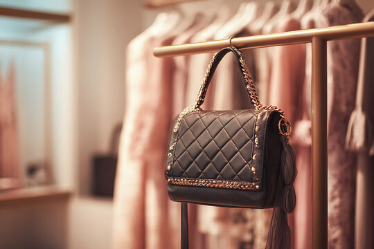 Elegant Black Quilted Handbag with Gold Chain on Fashion Rack