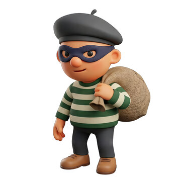 3D Cartoon Thief Character with Loot Bag