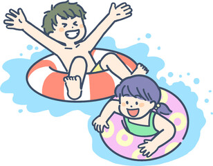 浮き輪に浮かんで遊ぶ男の子と女の子の子供たち © タダエミコ Emiko Tada