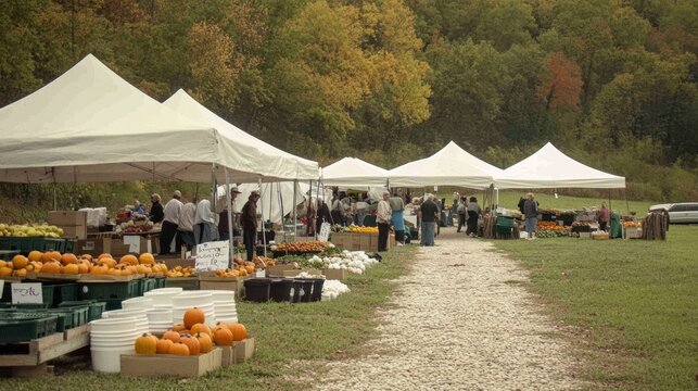 Outdoor market with white tents, pumpkin displays, and visitors