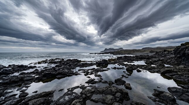 Dramatic asperitas clouds over rocky coastline, stormy ocean landscape with dark volcanic rocks, moody overcast sky reflecting in tide pools