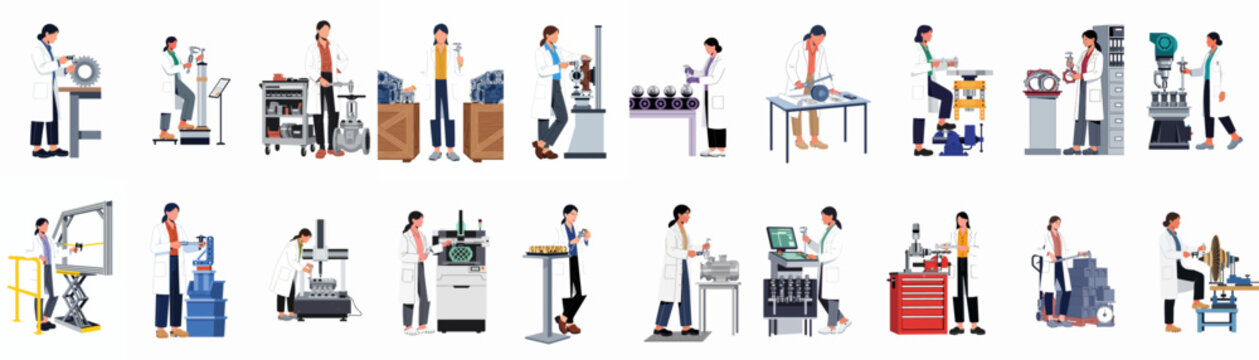 Collection of female engineers and technicians in white coats performing precision measurements and quality control on various industrial parts and machinery.