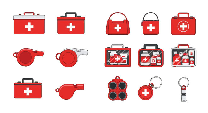 First aid kit and safety equipment vector illustration icons set