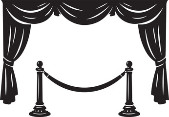 Black and white illustration of velvet curtains with rope barrier Vector © Thanni
