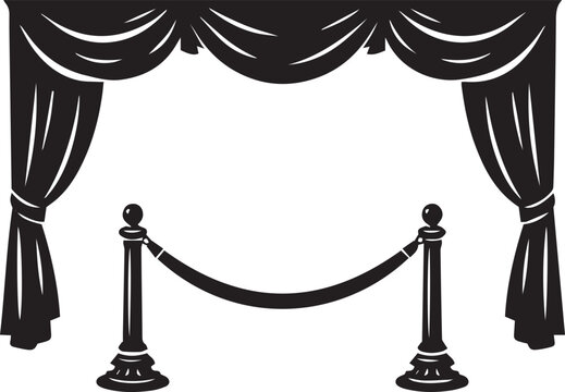 Black and white illustration of velvet curtains with rope barrier Vector