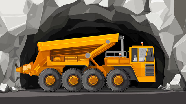 Large yellow mining dump truck inside a rocky tunnel
