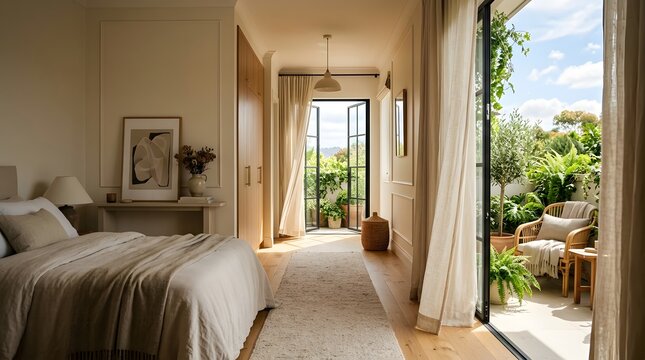 Modern luxury apartment interior featuring a contemporary living room with a designer sofa and large window view of the architecture outside