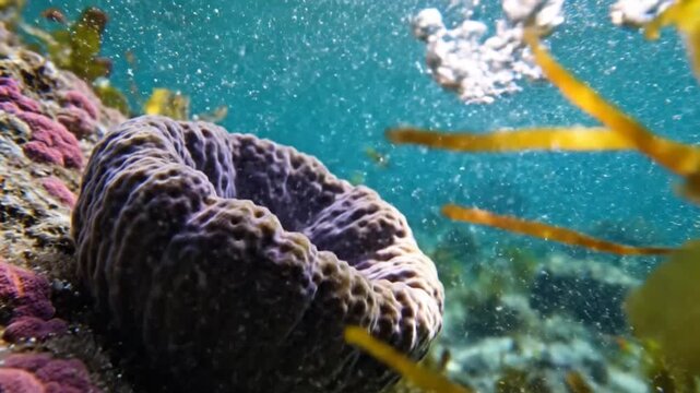 Beautiful underwater scene featuring purple brain coral and rising air bubbles in a clear ocean.